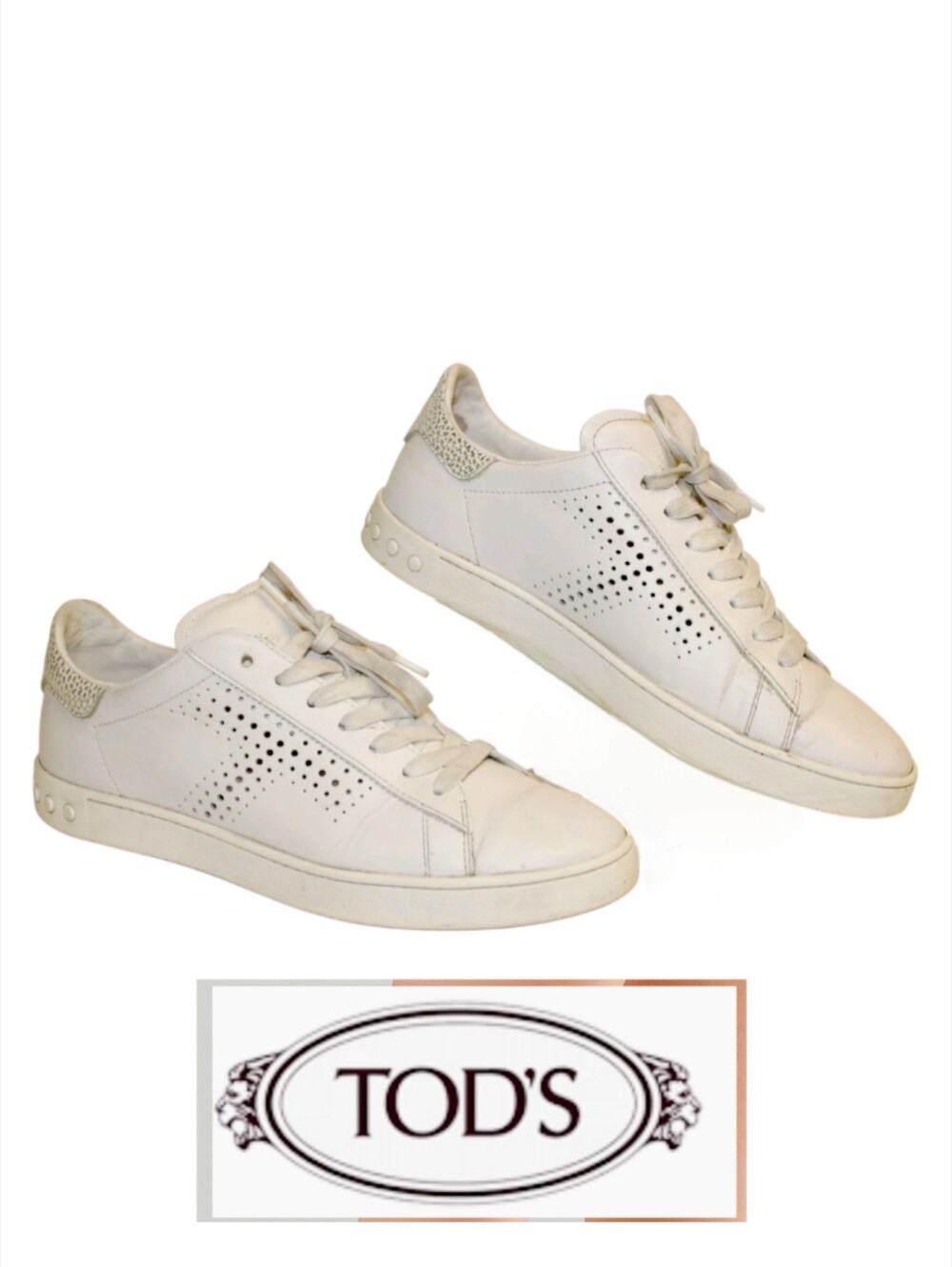 Tod's Leather Sneakers Size 39.5 9.5 White Perforated Side Logo Detail